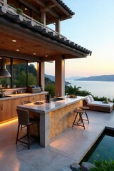 Fototapeta premium Luxurious Outdoor Kitchen & Dining Deck Island Setting with Stunning Views, Perfect for Alfresco Entertaining