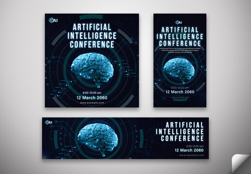 Editable Artificial Intelligence Conference Social Media Template &ndash; Futuristic Brain Circuit Theme