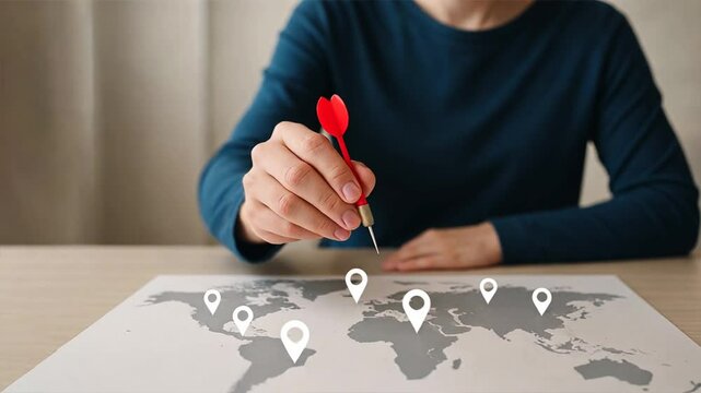 Person holding a red dart above a world map with dotted location markers in home, planning in travel management, with scattered map icons representing various destinations