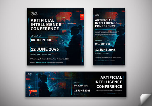 Editable Artificial Intelligence Conference Template &ndash; Digital Red & Blue Tech Theme for Instagram and LinkedIn