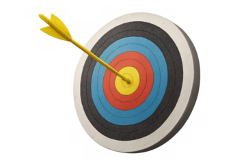 Yellow arrow hitting center of archery target, achieving a perfect shot, on a transparent background