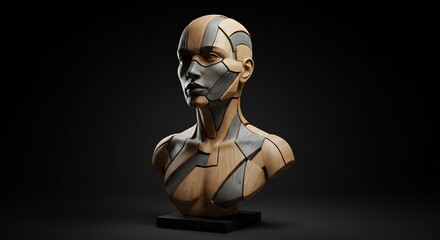 Segmented wooden and metallic female bust sculpture on a black base against a dark background