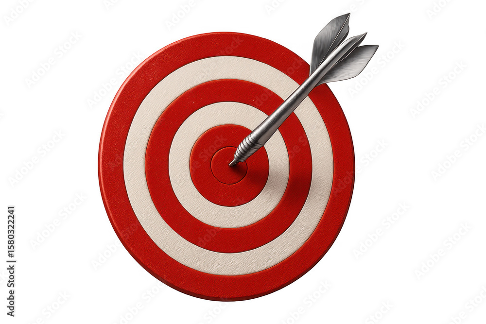Poster dart hitting center of red and white target on a transparent background, perfect for concepts relate