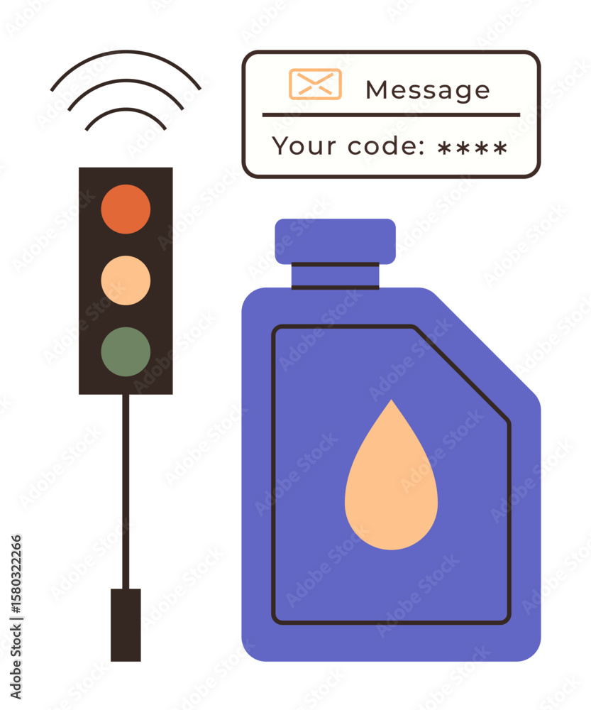 Poster traffic light emitting signals, secure message with code, purple liquid container. ideal for safety,