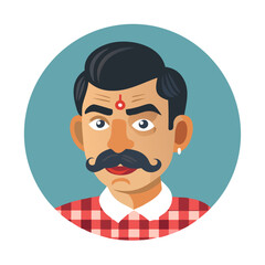 Indian Man with Moustache Avatar Icon. Male Portrait in Flat Vector Style.