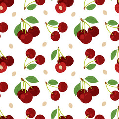 Ripe cherries. Seamless pattern of cherries with leaves on white background. Perfect for summer designs, packaging and textiles. Seasonal fruit.