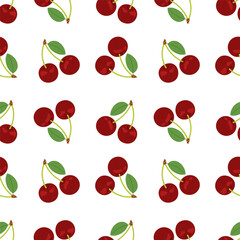 Ripe cherries. Seamless pattern of cherries with leaves on white background. Perfect for summer designs, packaging and textiles. Seasonal fruit.