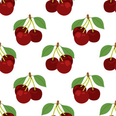 Ripe cherries. Seamless pattern of cherries with leaves on white background. Perfect for summer designs, packaging and textiles. Seasonal fruit.