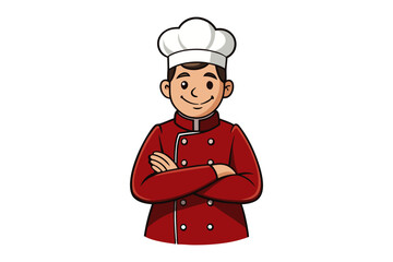 Friendly cartoon chef wearing a red uniform and white toque arms crossed smiling confidently against a white background
