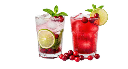 Two refreshing cranberry lime cocktails with mint and ice isolated on transparent background