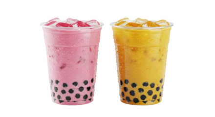 Two refreshing bubble tea drinks pink and yellow with tapioca pearls and ice isolated on transparent background
