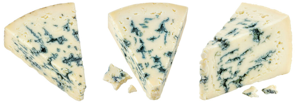 a collection of gourmet french roquefort cheese wedges with blue veins