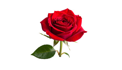 Naklejka premium Single red rose with velvety petals and green stem. Isolated on a white background png