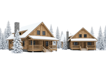 Two cozy wooden log cabins surrounded by snow covered pine trees isolated on transparent background