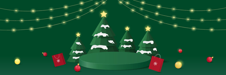 Podium Christmas. Green podium for product display presentation with christmas tree, lighting christmas and ornament on the stage. Stand product showcase on green background. Xmas