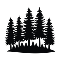 Obraz premium Stunning silhouette of a dense pine forest, perfect for nature-themed designs, posters, or outdoor decor. Black and white vector illustration with a minimalist, elegant style.