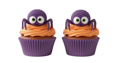Two cute cartoon purple spiders on orange frosted cupcakes isolated on transparent background