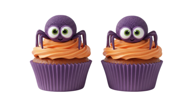 Two cute cartoon purple spiders on orange frosted cupcakes isolated on transparent background