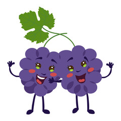 Two cute cartoon purple grape berries with happy facial expressions and leaf embracing. Healthy food concept. Vector illustration for packaging, children book