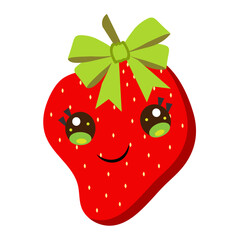 Cute cartoon strawberry with happy face and green bow tie. Healthy food concept. Vector illustration for kid, fruit, nature, organic
