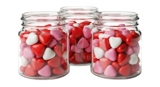 Three glass jars filled with heart shaped candies isolated on transparent background