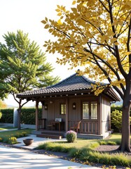 Fototapeta premium Charming traditional house surrounded by vibrant trees and beautiful landscaping in autumn