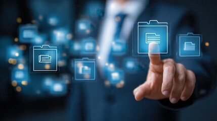 Document management system DMS in business. Digital file archive storage technology. Businessman touching file icon on many folders.