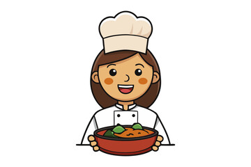 Smiling cartoon chef woman in uniform presenting a delicious bowl of food with green garnish