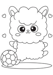 Coloring book Alpaca kicking a soccer ball with hearts around