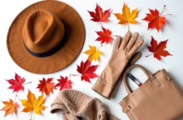 Effortlessly stylish in cozy and chic fall ensembles. Top view flat lay of cozy hat, cat-eye glasses, grey scarf, leather gloves, autumn leaves on pastel brown background with ad panel
