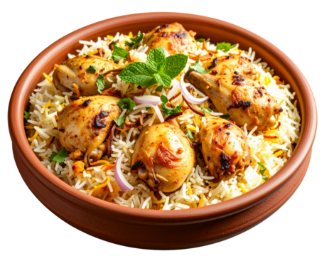 Traditional Handi Chicken Biryani Served in Clay Pot, Front View, Isolated on Transparent Background.