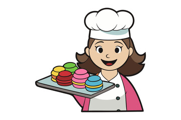 Smiling cartoon chef woman proudly presents a tray of colorful macarons with a warm and welcoming expression