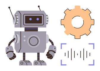 Robot with antennas, gear, sound wave, and focus frame symbolizing AI development, automation, robotics, machine learning, coding, futuristic concepts and technology in a simple flat metaphor