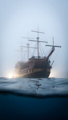 Dramatic Underwater View of Historic Galleon Ship Emerging from Fog