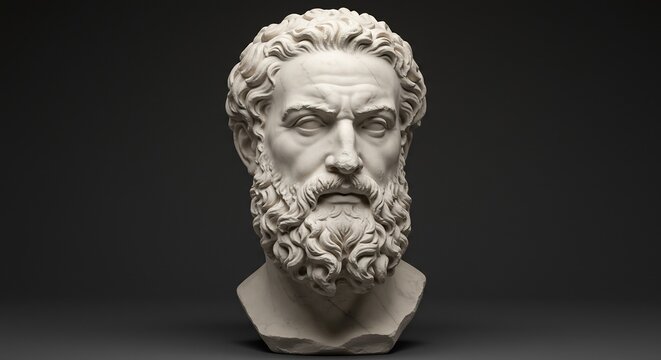 White marble bust of an ancient bearded man with curly hair centered against a dark gray background