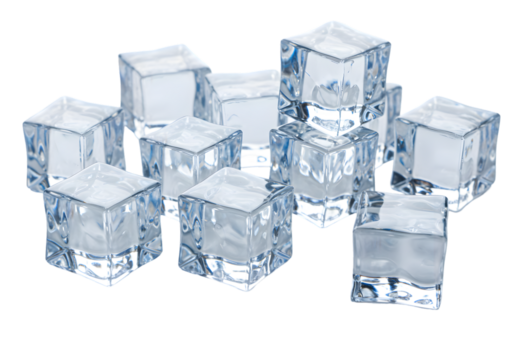 Isolated 3D Render of Many Clear Ice Cubes on Transparent Background