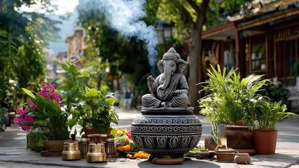 Outdoor deity statue in decorative pot