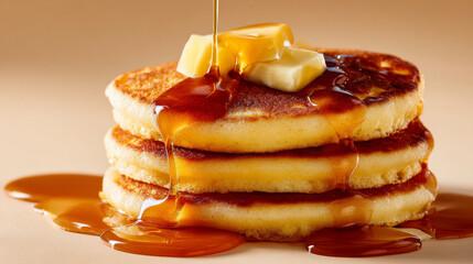 Fluffy stack of golden pancakes topped with melting butter and sweet syrup dripping down sides, creating warm inviting