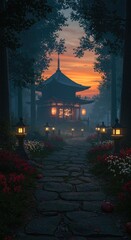 Fototapeta premium A misty, flower-lined forest path leads to a glowing ancient Japanese temple, rendered in cinematic detail. 