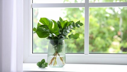 明るい窓辺に置かれたガラスの花瓶に生けられた新鮮な緑の葉と小枝が自然光に照らされて美しく輝く、シンプルで洗練されたインテリアデザインの一場面を捉えた爽やかな室内装飾