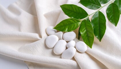 柔らかな白い布の上に並べられた滑らかな白い小石と鮮やかな緑の葉っぱが織りなす、スパやエステサロンを連想させる自然の美しさとリラクゼーションを表現した静寂な癒しの空間