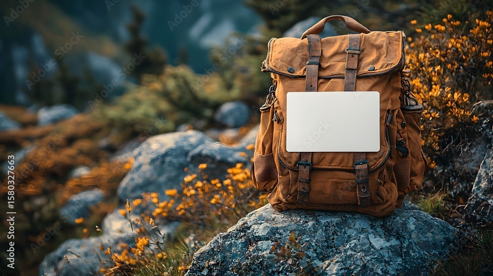 Poster backpack with a blank card symbolizing adventure and explo n