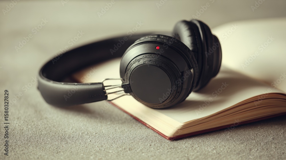 Poster headphones resting on an open notebook, symbolizing the art of listening in a minimalistic setting w