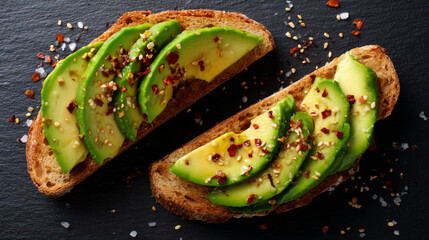 Avocado slices on toasted whole grain bread sprinkled with chili flakes and sesame seeds on dark surface