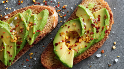 Freshly sliced avocado on toasted sourdough bread sprinkled with chili flakes and sea salt for flavorful snack