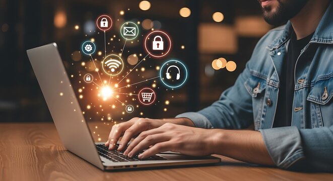 Man working on a laptop with internet icons connection