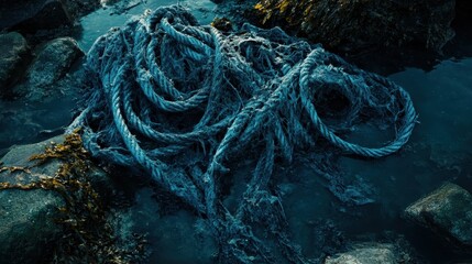Weathered Rope Entangled in Rocks Along Serene Coastal Waterscape