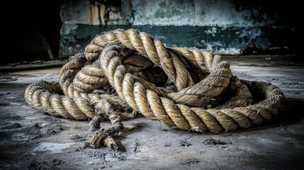 Fototapeta premium Weathered Rope Coil on Abandoned Industrial Floor with Dust and Debris