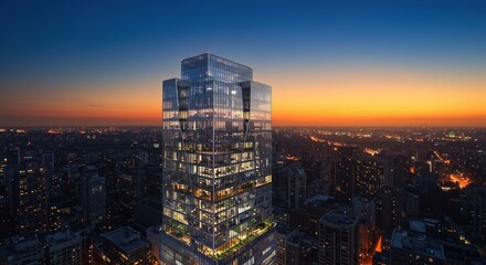 Obraz premium Striking modern architecture showcases a high rise building against a beautiful vibrant sunset cityscape