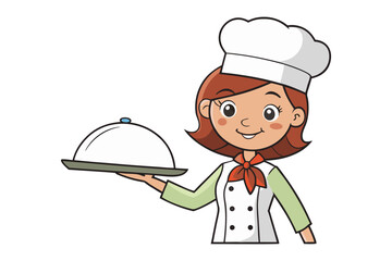 Friendly cartoon chef woman holding a silver cloche covered dish ready to serve delicious food